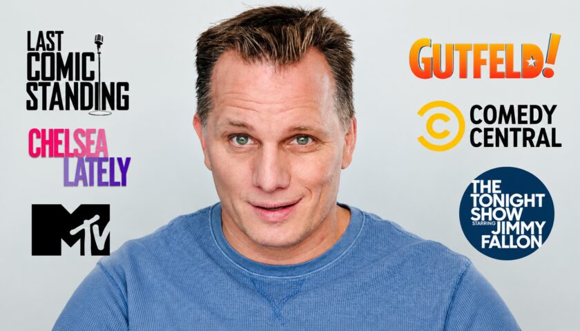 Comedian with various show logos background.