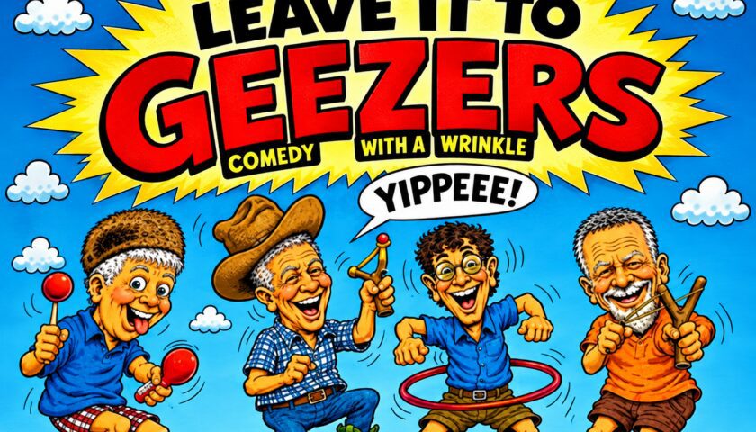 Colorful poster for "Leave It to Geezers" comedy.