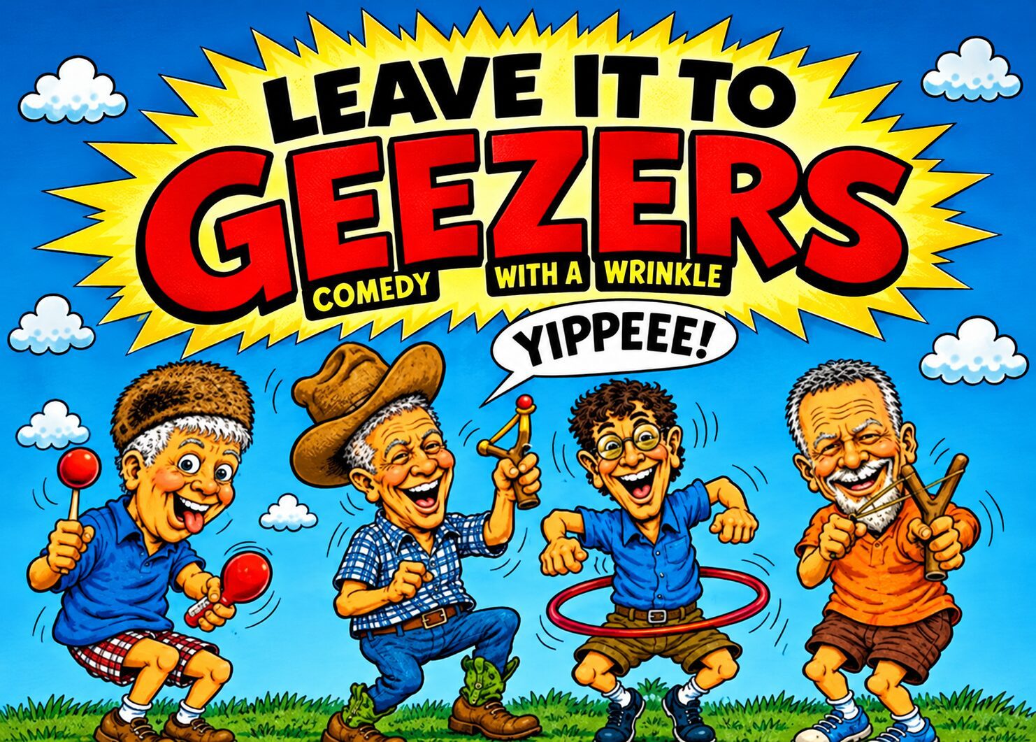 Colorful poster for "Leave It to Geezers" comedy.
